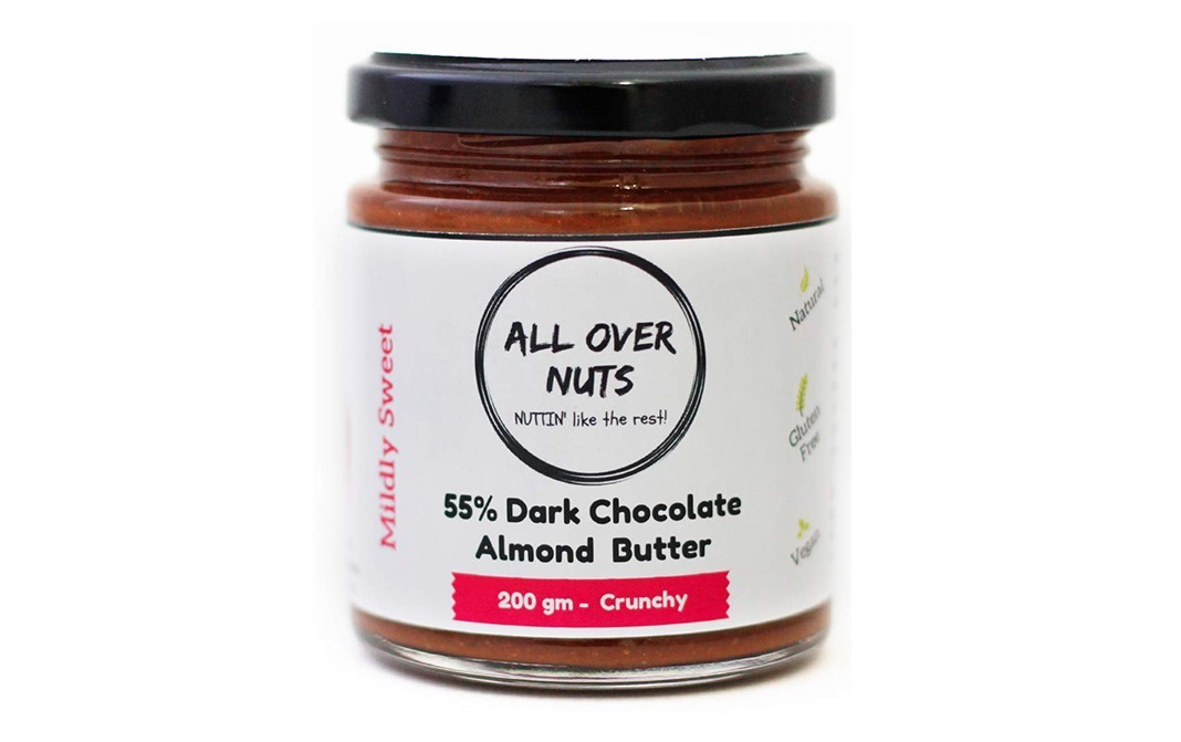 All Over Nuts 55% Dark Chocolate Almond Butter Crunchy   Glass Jar  200 grams